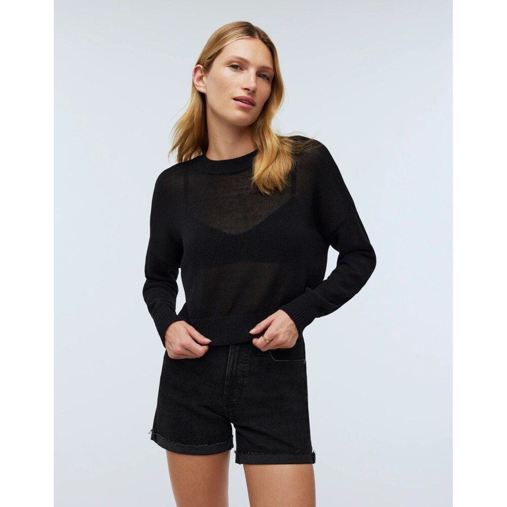 Madewell Black Loose Knit Crop Crew Neck Relaxed Long Sleeves Sweater Sz S